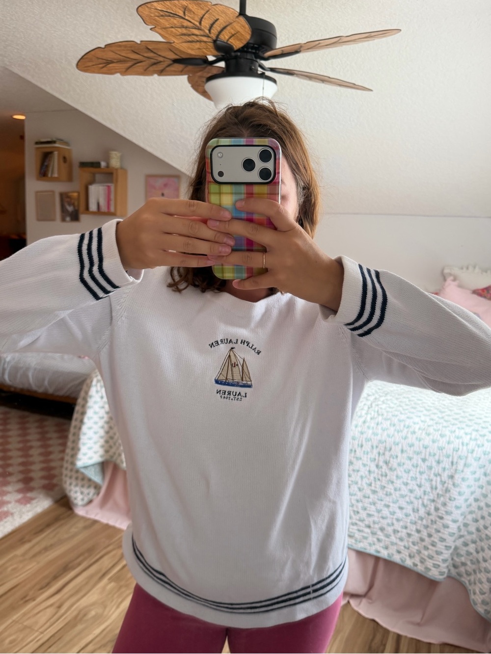 Ralph Lauren White Sailboat Embroidered Crewneck Sweater with Navy Trim